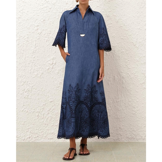 Zimmermann Coco Embroidered Denim Kjole, Railway Blue